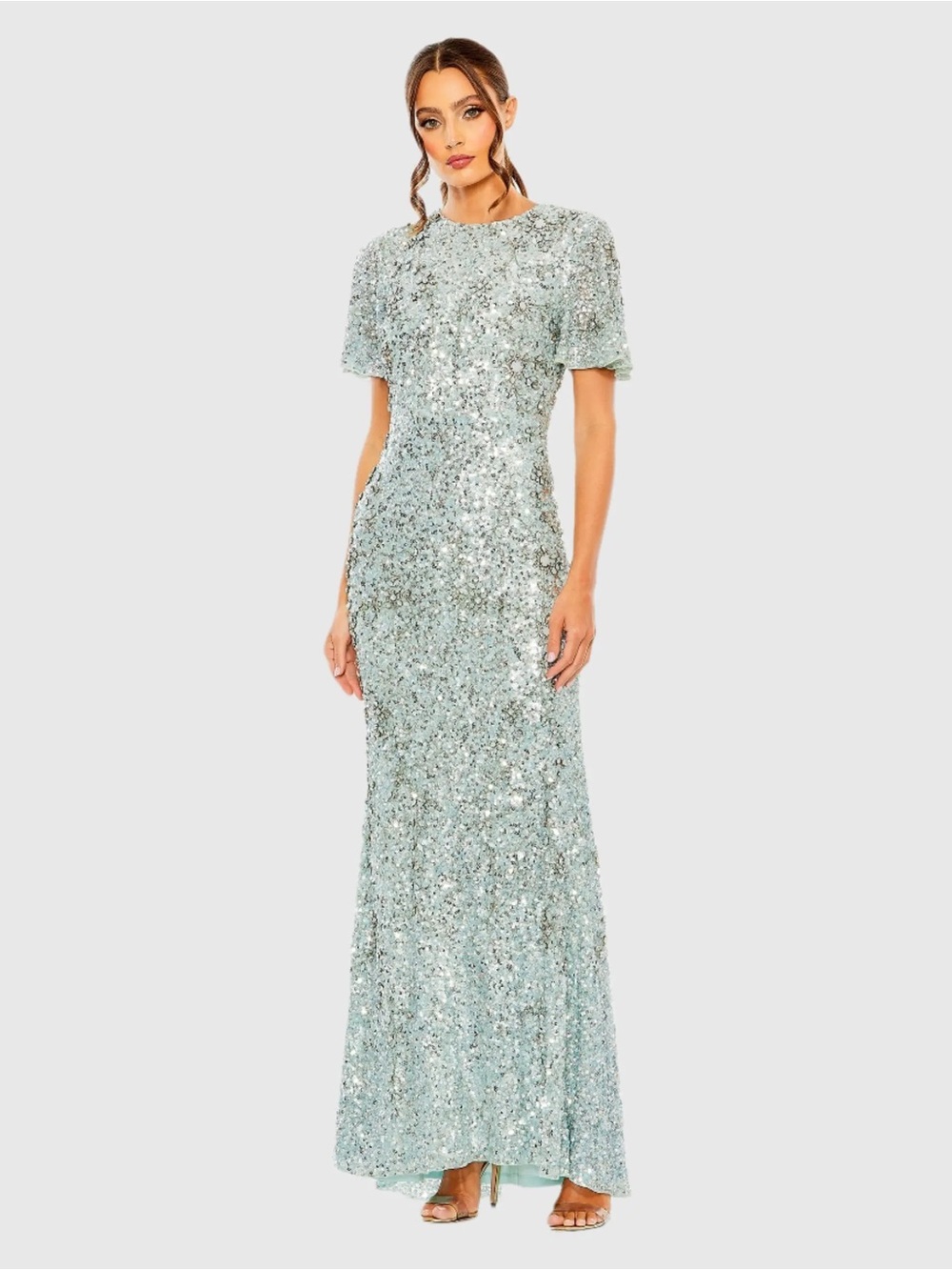 MAC DUGGAL Blue Flutter Sleeve Sequin High Neck Gown
